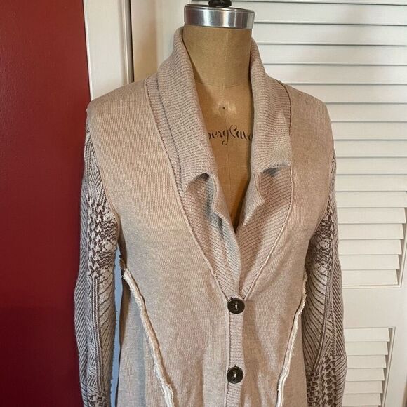 FREE PEOPLE | cream color patchwork raw hem colorblock cardigan S - Picture 2 of 10